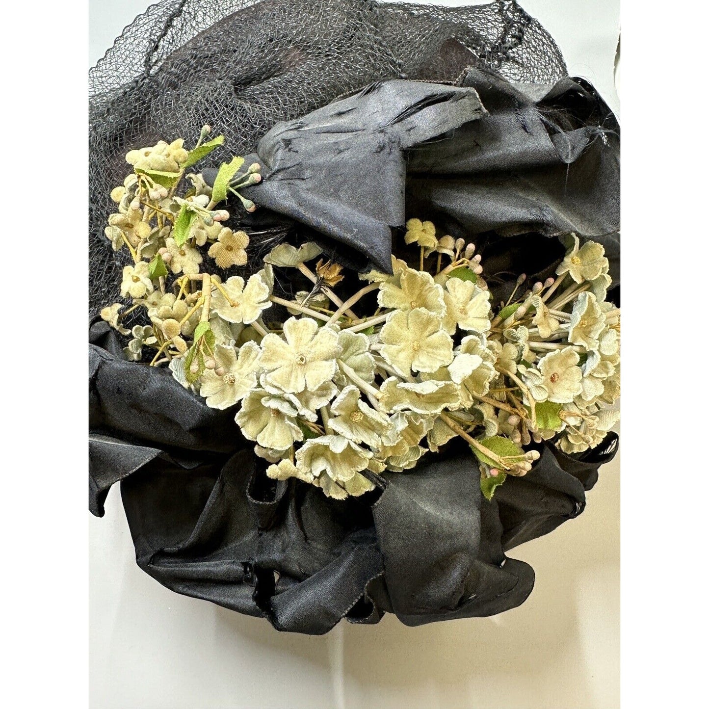 Vintage Victorian Wire Framed Black Net Ribbon & Velvet Flowers Hat