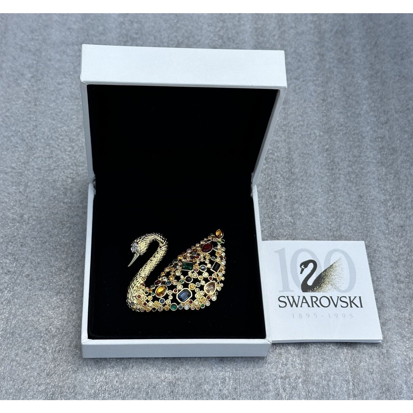 Swarovski Goldtone Multi Color Crystal Large Swan Brooch Pin 100 Year in Box