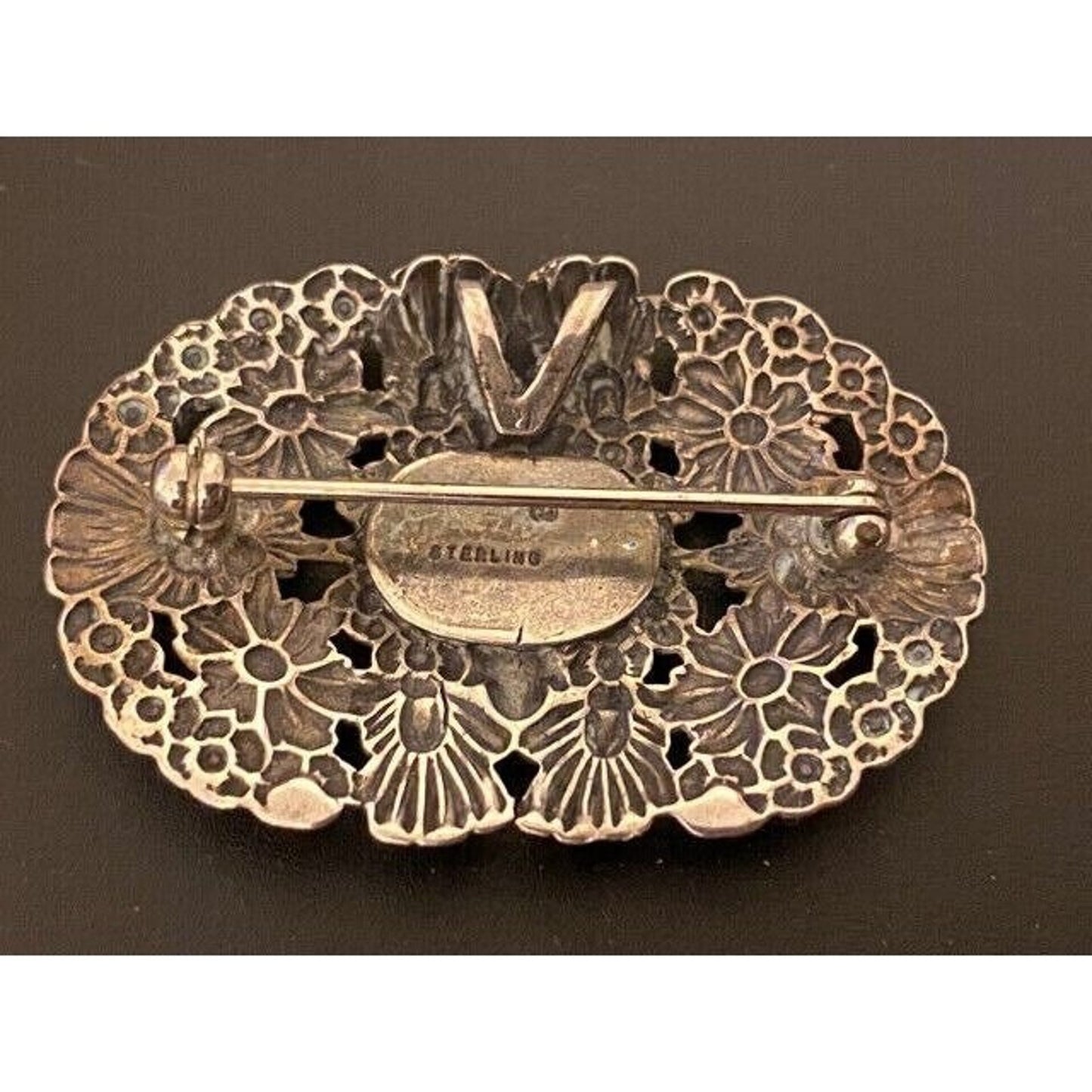 Vintage Sterling Silver Floral Repousse MOP Pin/ Pendant