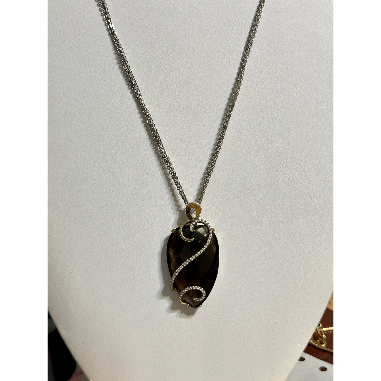 Smokey Quartz Pear Shape CZ Silver Vermeil Pendant Necklace Double Silver Chain NWT