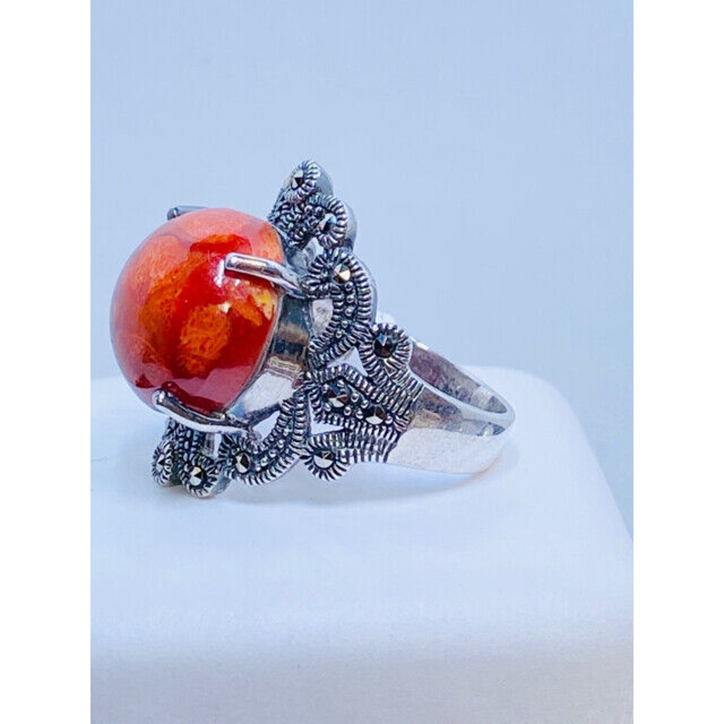 Big Bold Sterling Silver Marcasite Orange Jasper Ring Size 9 3/4 Ring
