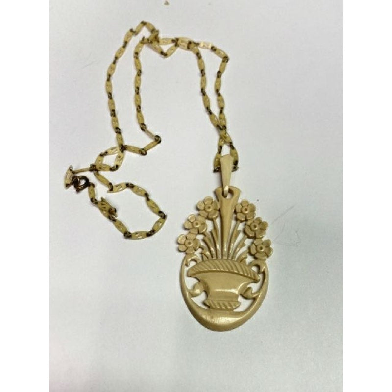 Antique Carved Bovine Flower Basket Pendant w/ Delicate Carved Chain