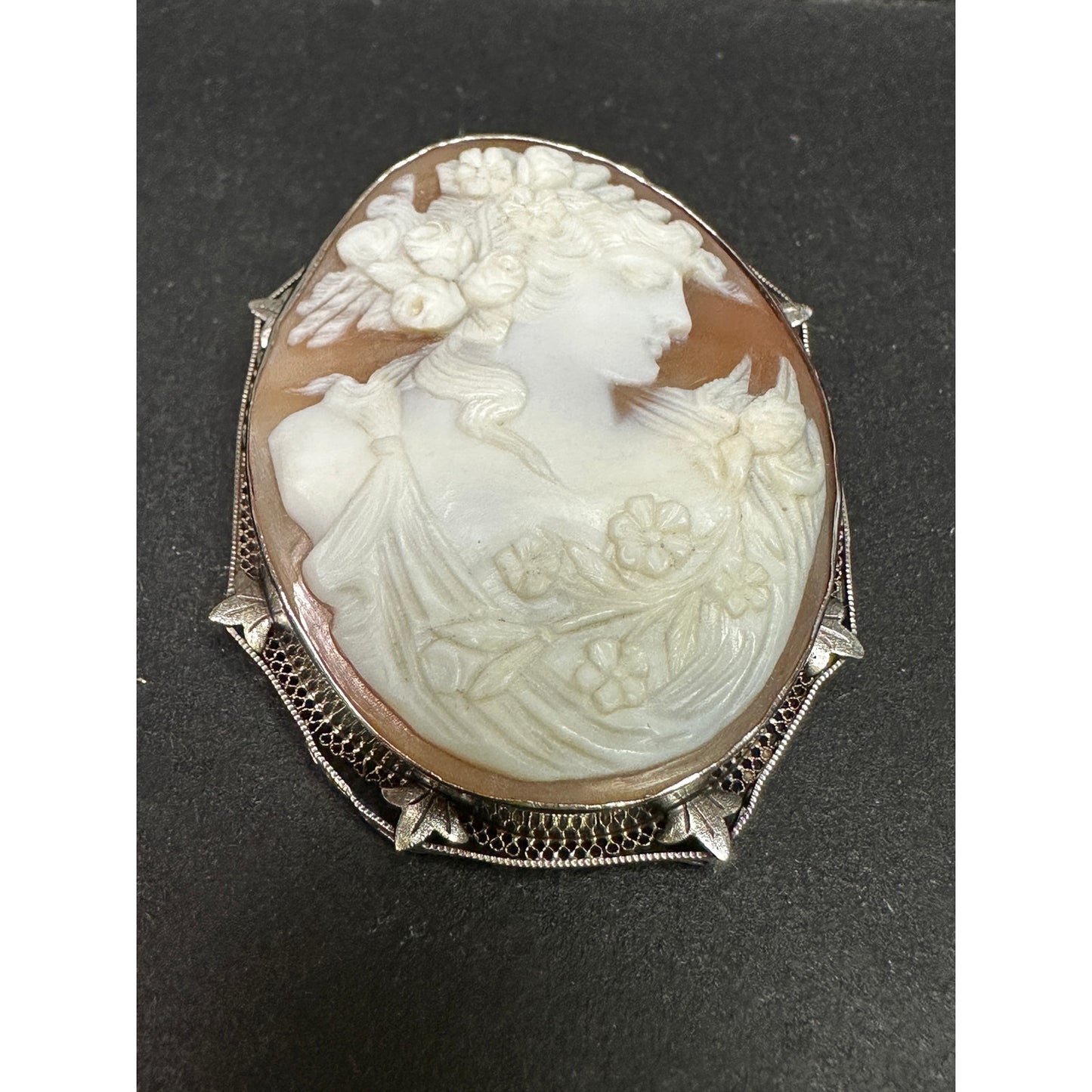 Large 14k White Gold Filigree Large Carved Shell Cameo Eyes Closed Pin/ Pendant