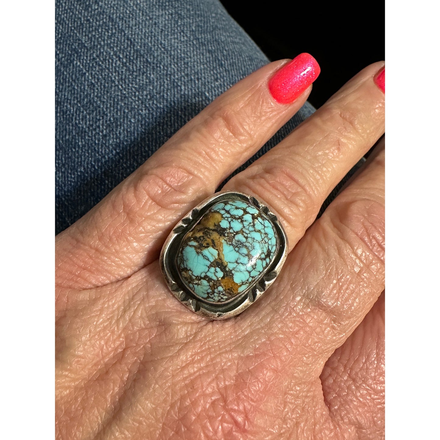 Vintage Large Sterling Silver Turquoise Native American Stamped Ring Size 8.75