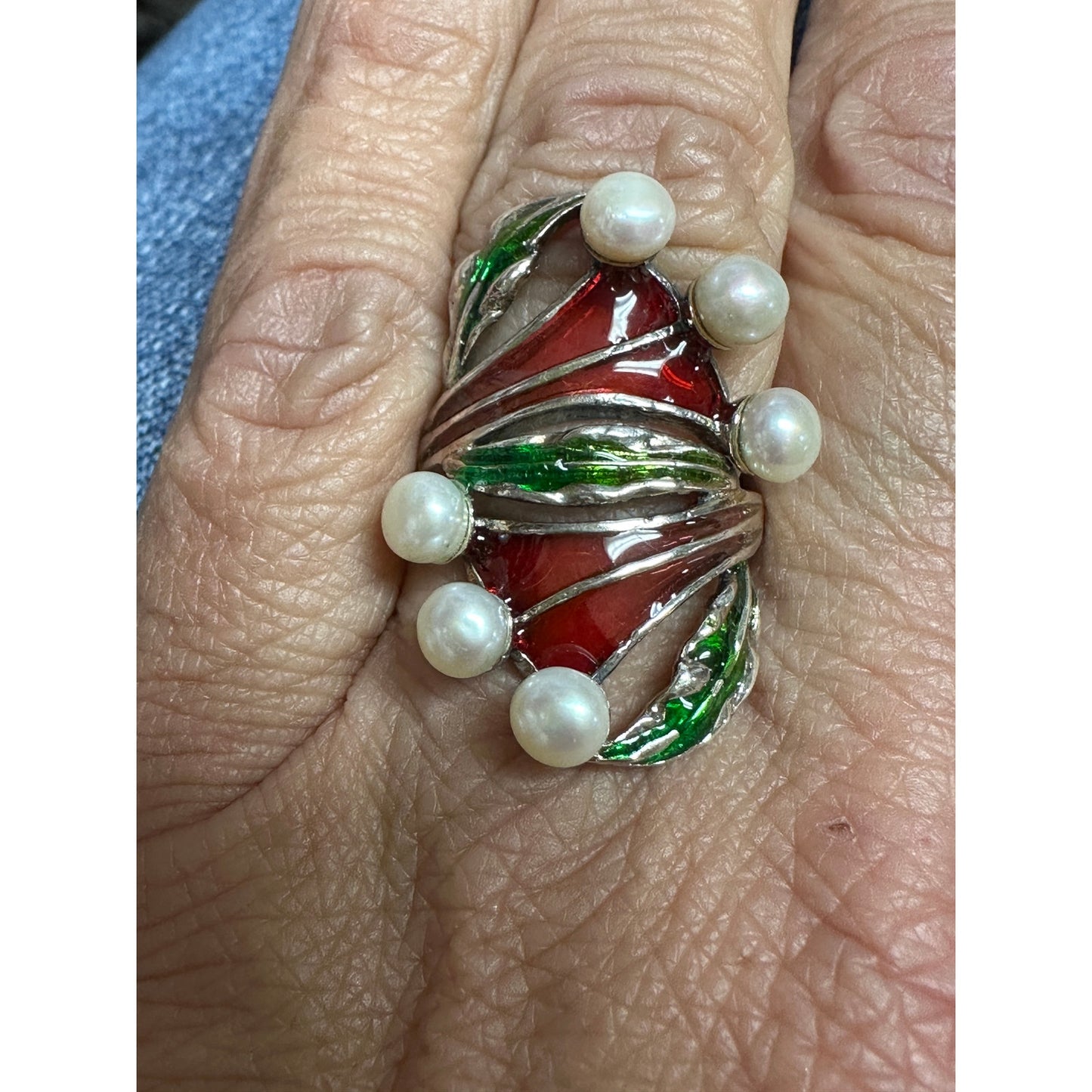 Beautiful Modern Art Nouveau Plique A Jour Cultured Pearl Sterling Silver Ring 9