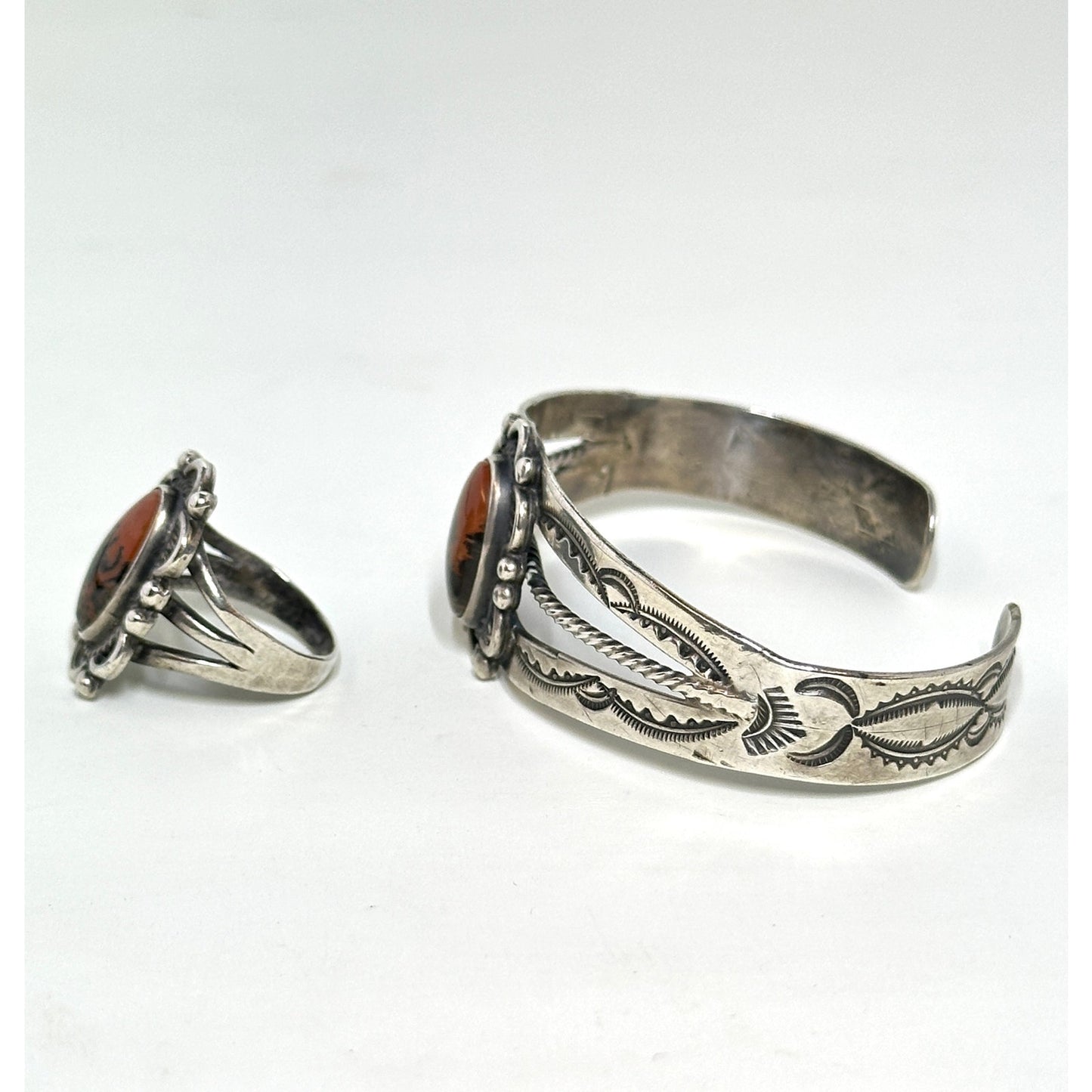 Native American Sterling Silver Red Jasper Petrified Wood Cuff Bracelet & Size 6 Ring
