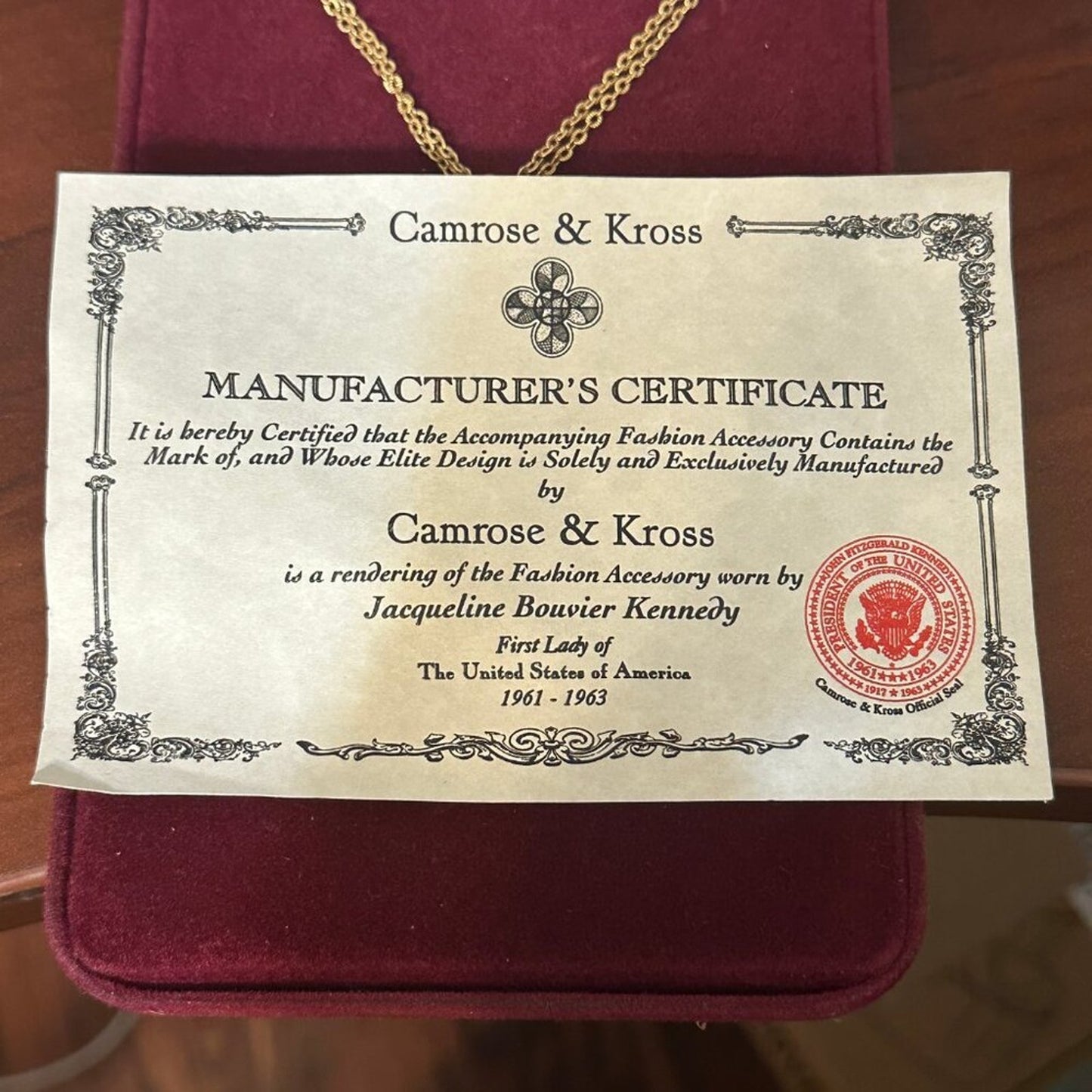 Camrose & Kross JBK Kennedy Russian Cross Red Enameled Necklace