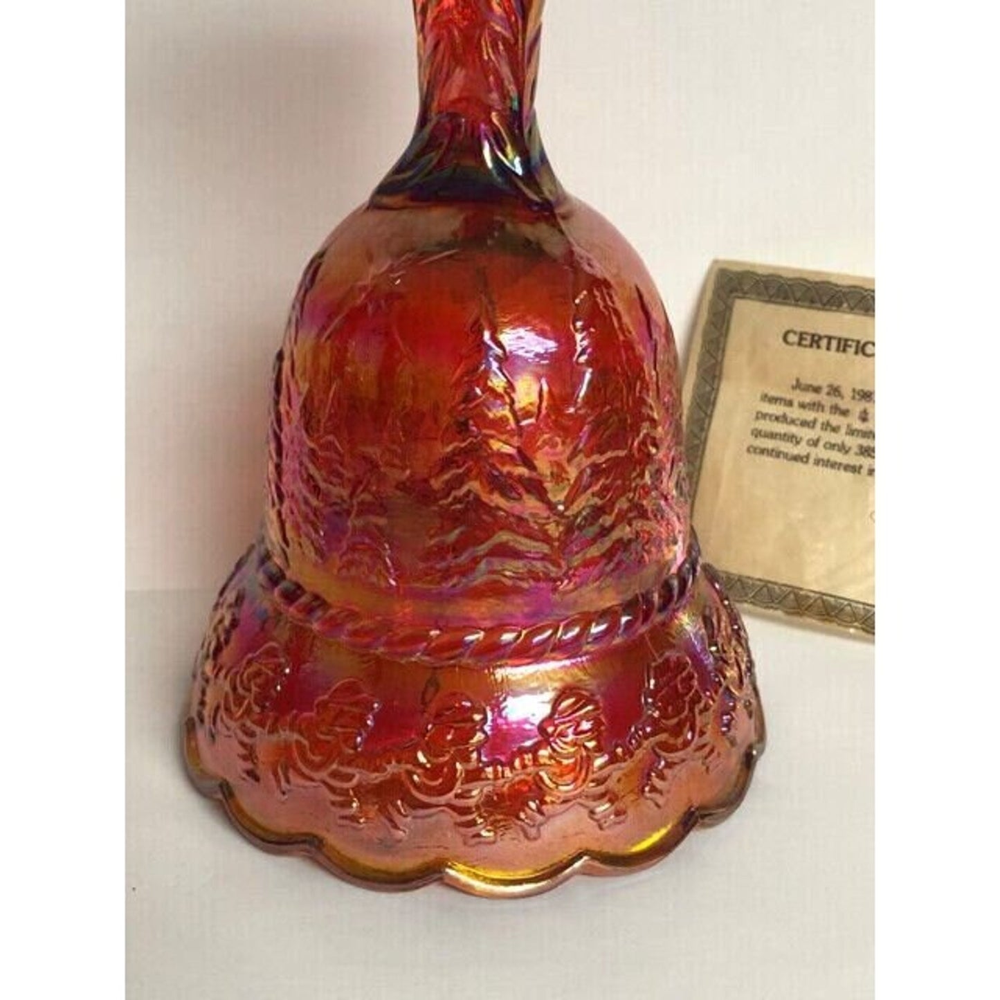 Imperial LIG Santa Sunset Ruby Carnival Glass Bell Christmas w/ certificate