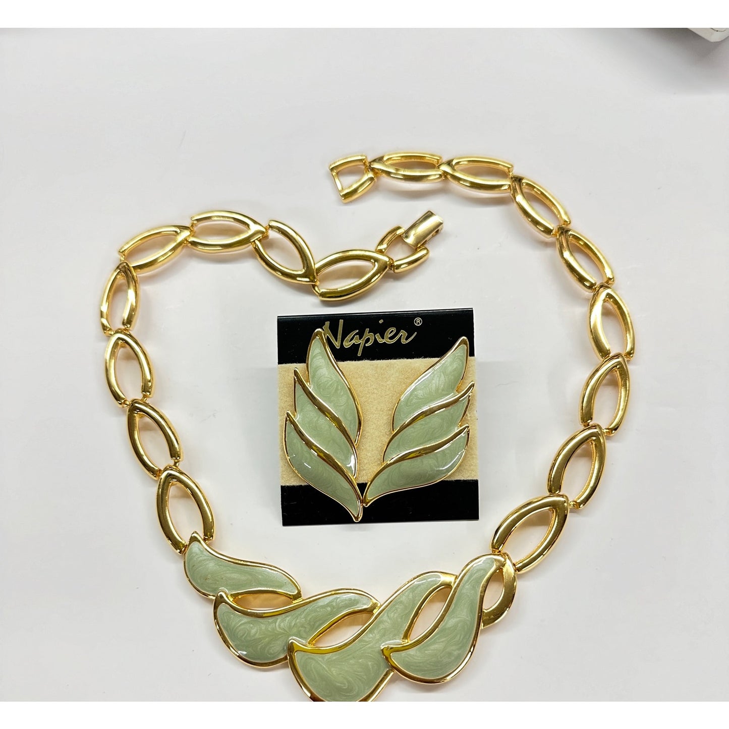 Vintage NAPIER Gold-Tone Sage Green Enamel Necklace & Earrings Set