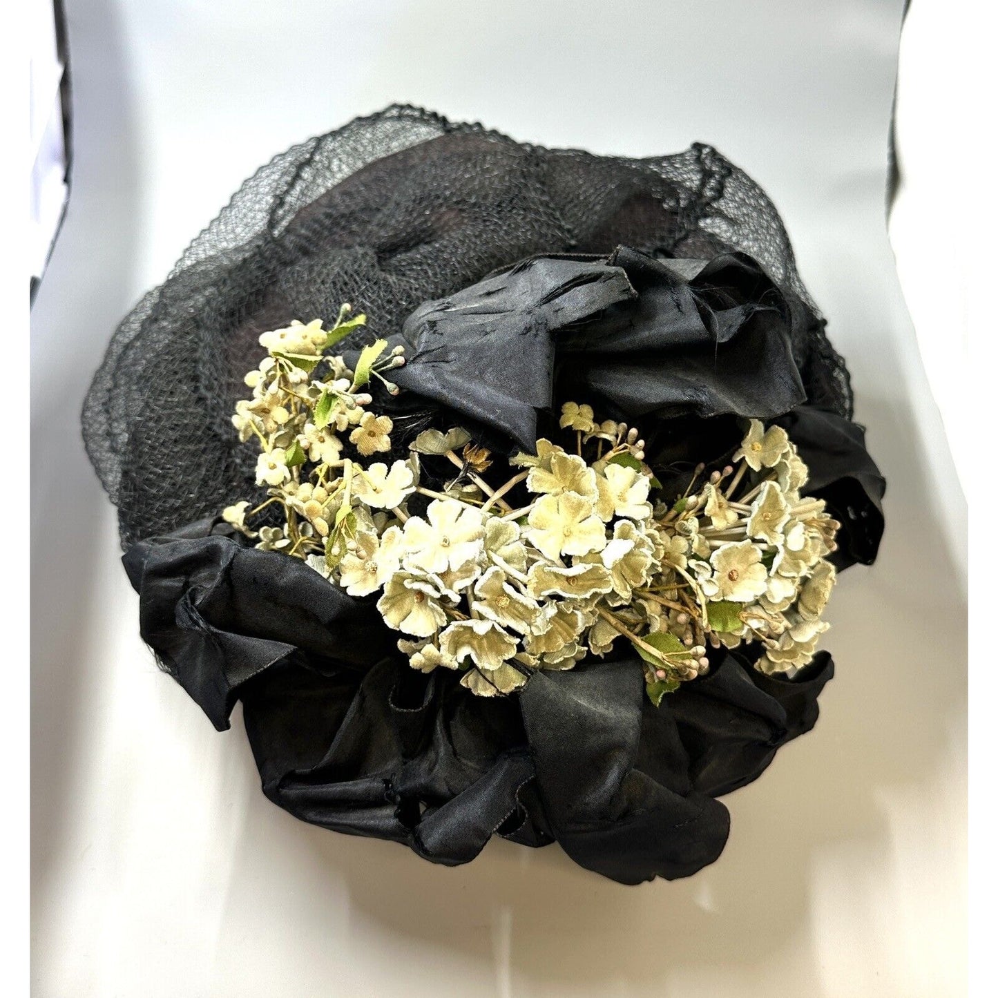 Vintage Victorian Wire Framed Black Net Ribbon & Velvet Flowers Hat