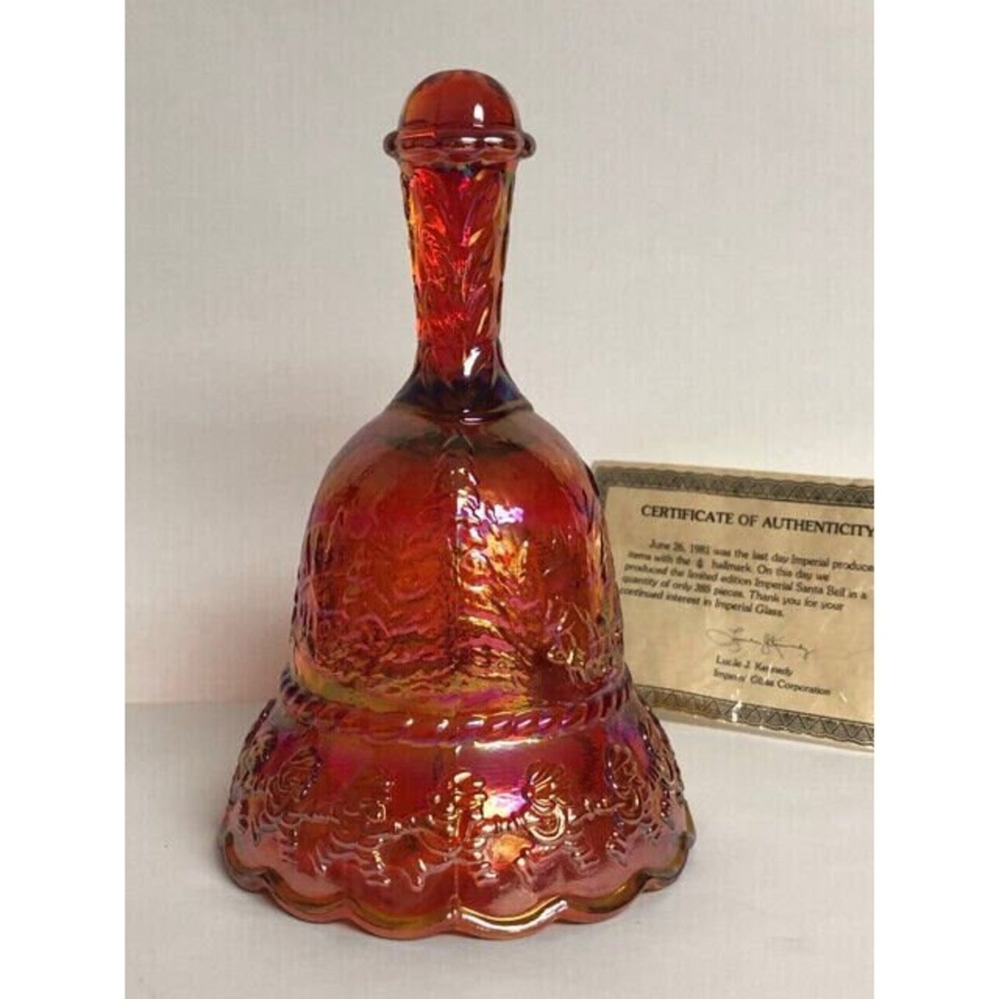 Imperial LIG Santa Sunset Ruby Carnival Glass Bell Christmas w/ certificate