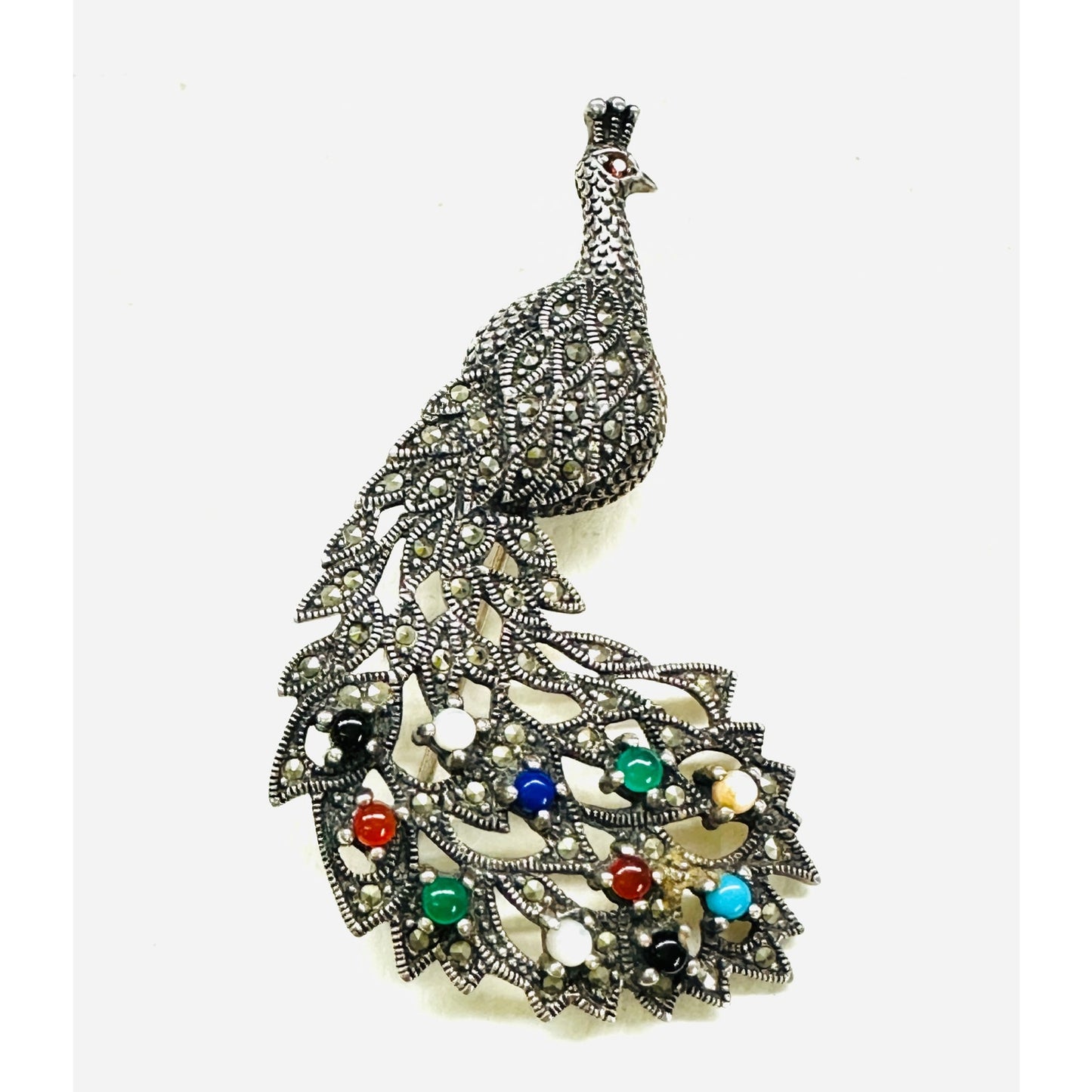 Fabulous Sterling Silver Marcasite multi stone PEACOCK Brooch Pin
