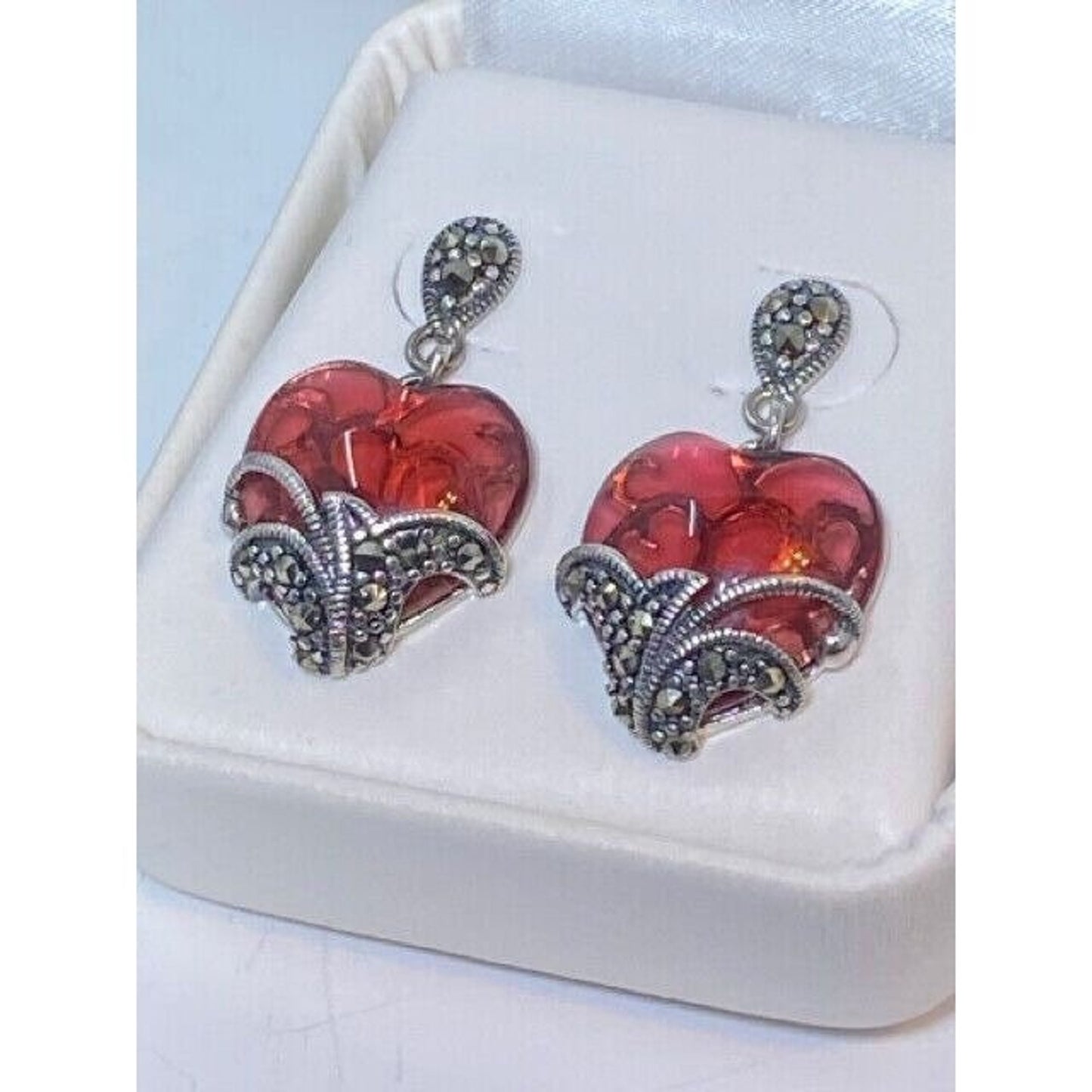 Ross Simons Sterling Marcacite Translucent Red Heart Dangle Earrings
