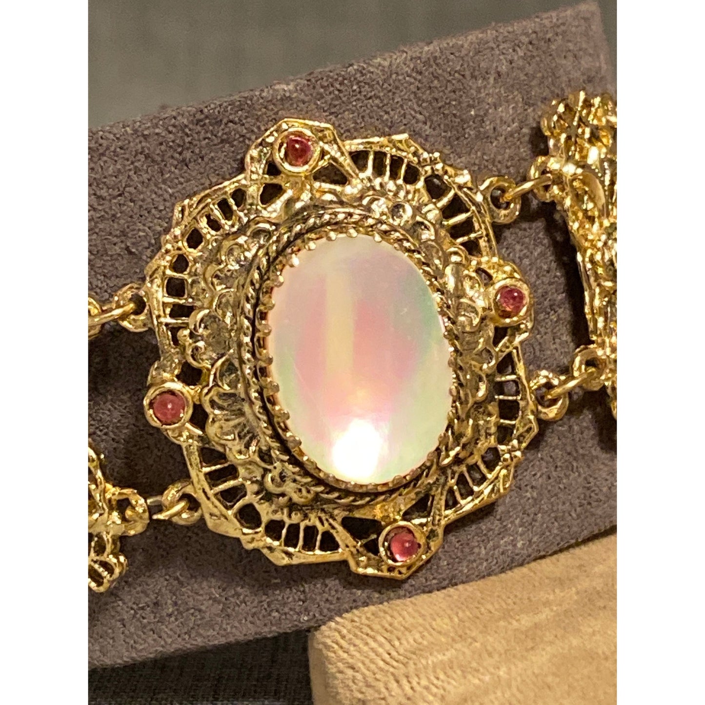 Vintage Goldtone MOP Victorian Style Ornate Bracelet 7 Strand Chain Box Clasp