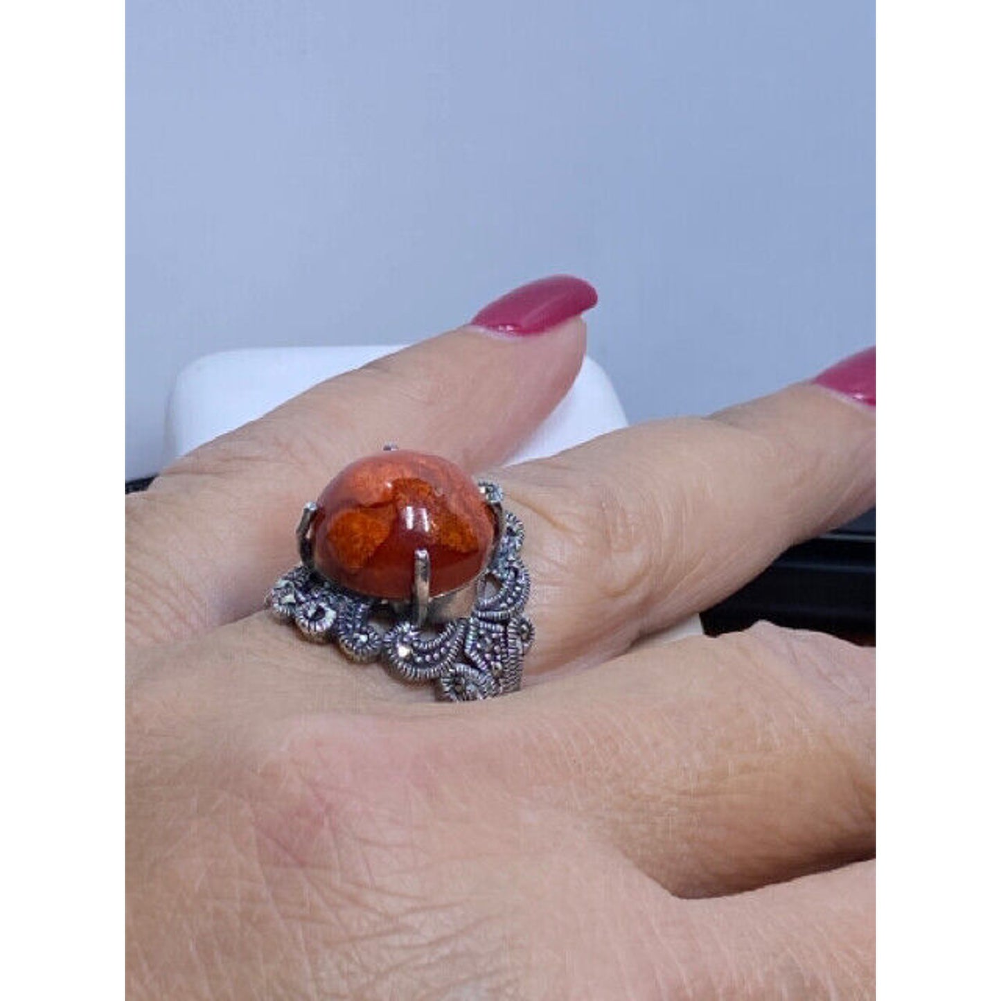 Big Bold Sterling Silver Marcasite Orange Jasper Ring Size 9 3/4 Ring