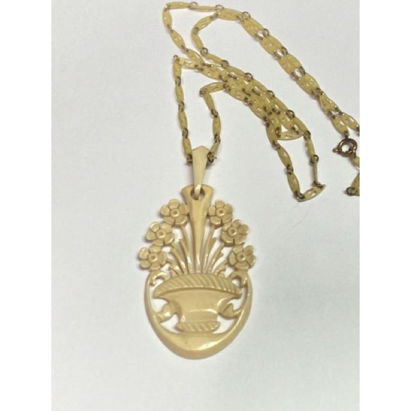 Antique Carved Bovine Flower Basket Pendant w/ Delicate Carved Chain