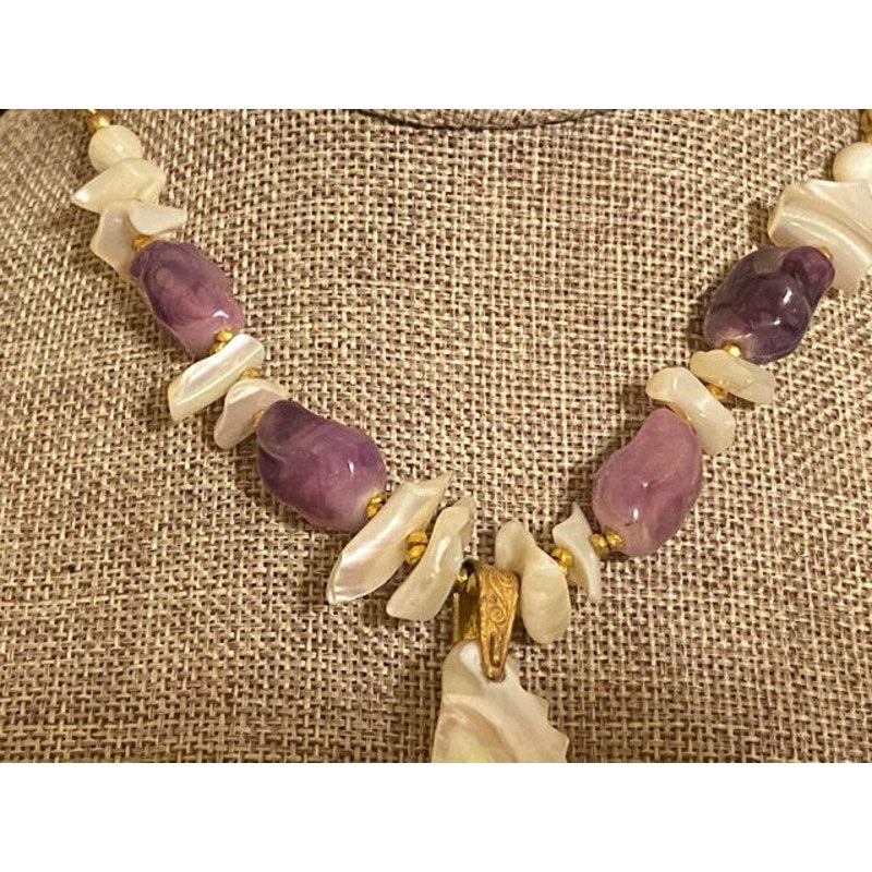Miriam Haskell Goldtone Amethyst and MOP Shell Pendant Necklace. Excellent Condition