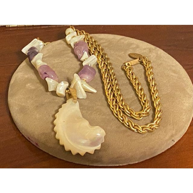 Miriam Haskell Goldtone Amethyst and MOP Shell Pendant Necklace. Excellent Condition