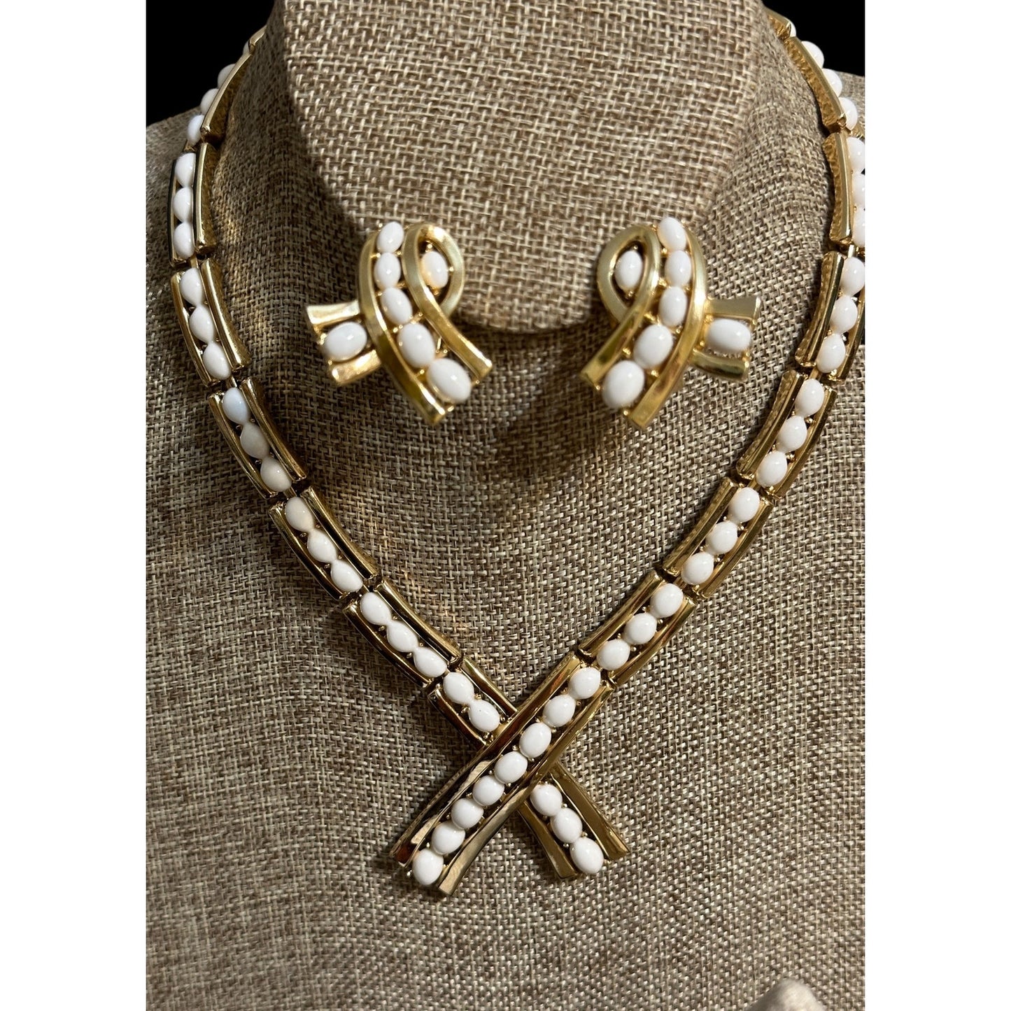 Vintage Crown Trifari Gold White Marquise cabochon Necklace Bracelet Earrings SET