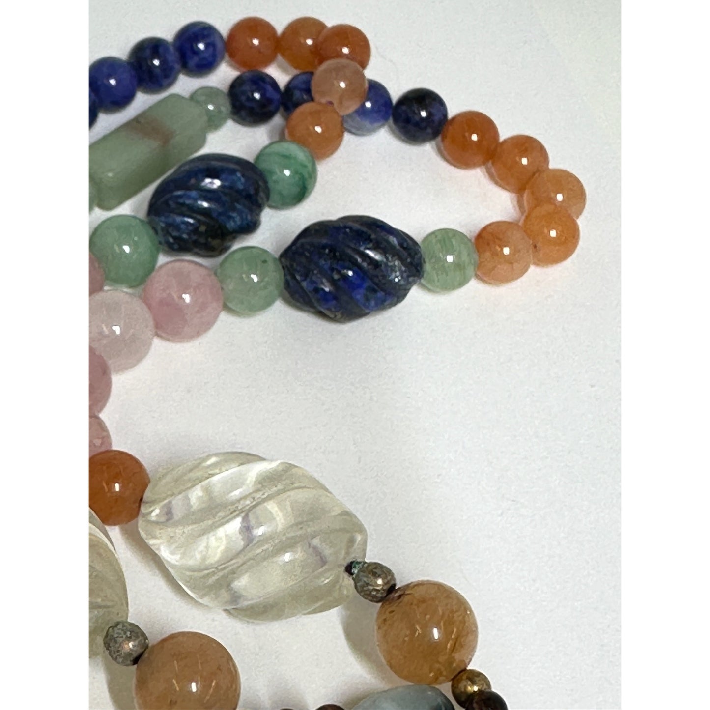 Long Multi Gemstone Beaded Lapis Tiger Eye Quartz Jade Necklace w/ Large Jade Figural Pendant