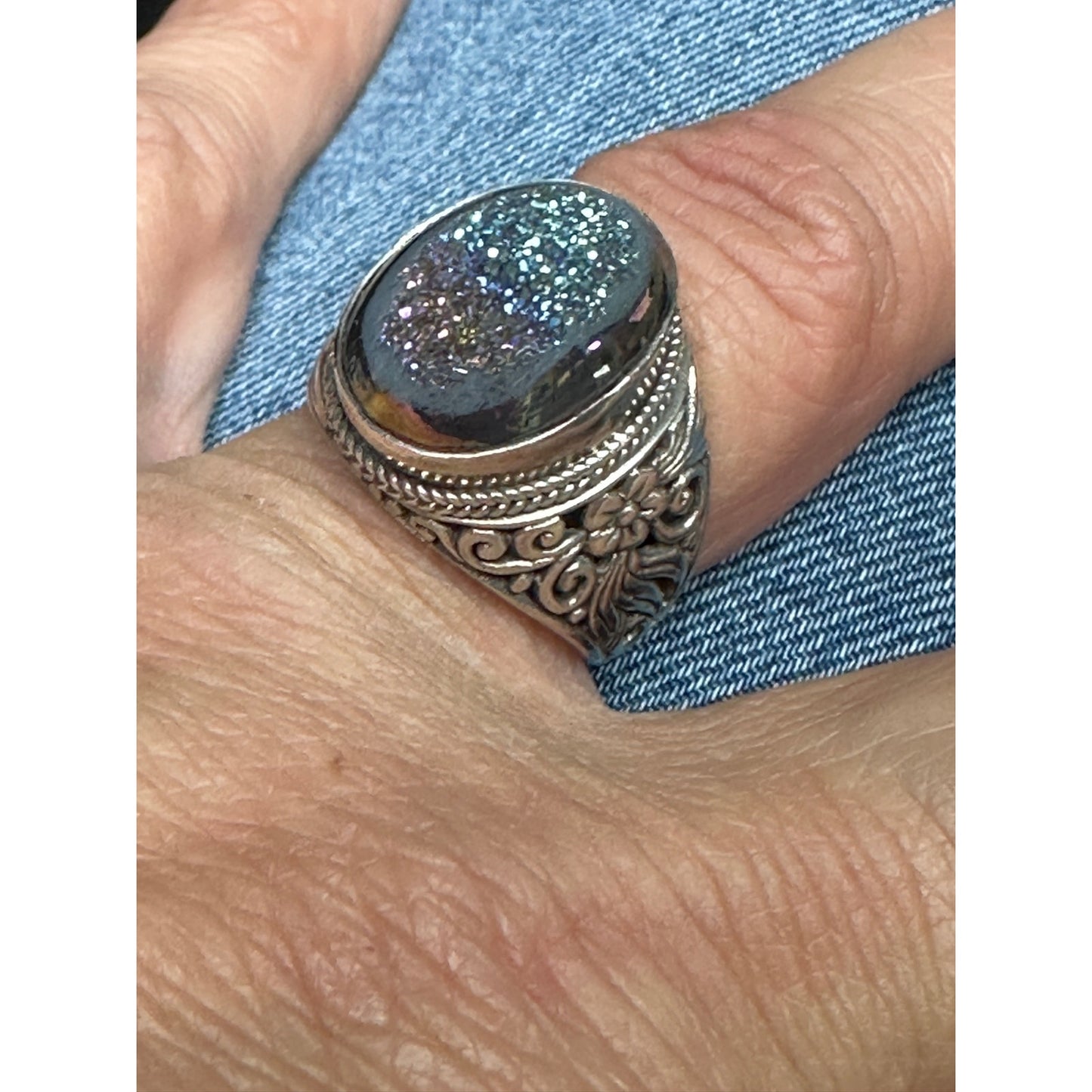 Chunky Sterling Silver Druzy Quartz Openwork Ring Size 8 3/4