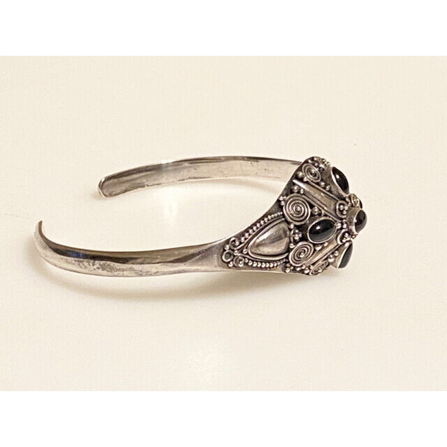 Signed ATI Sterling Silver Onyx Cuff Bracelet