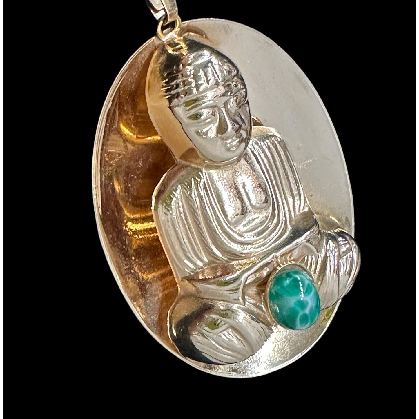 Vintage Goldtone Large Oval Jeweled Buddha Pendant Necklace