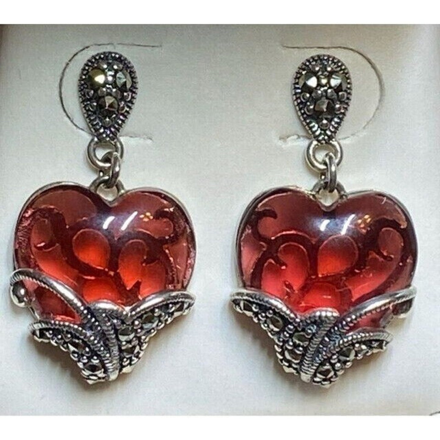 Ross Simons Sterling Marcacite Translucent Red Heart Dangle Earrings