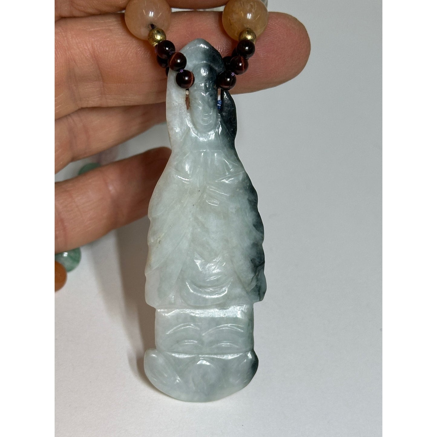 Long Multi Gemstone Beaded Lapis Tiger Eye Quartz Jade Necklace w/ Large Jade Figural Pendant