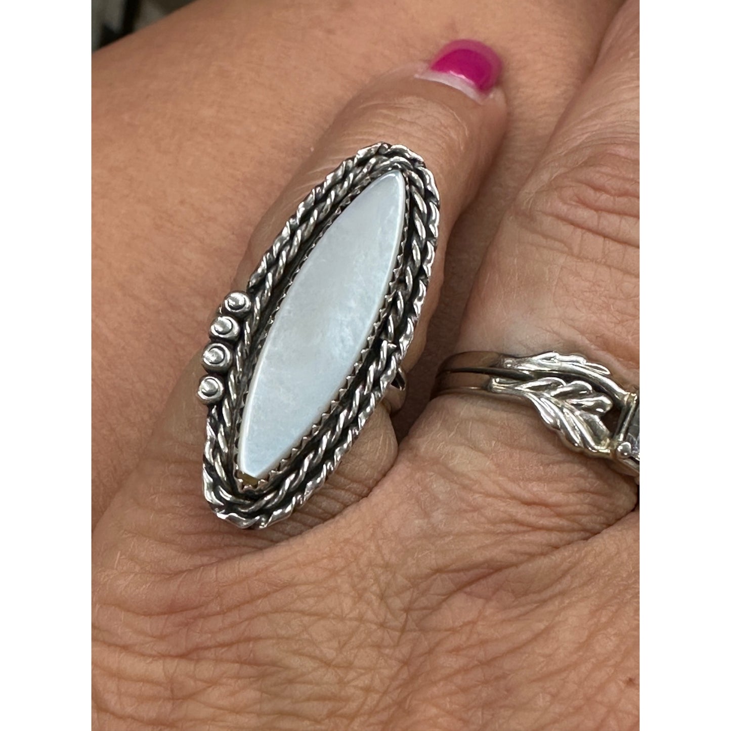 Vintage Sterling Silver MOP Elongated Ring Size 6