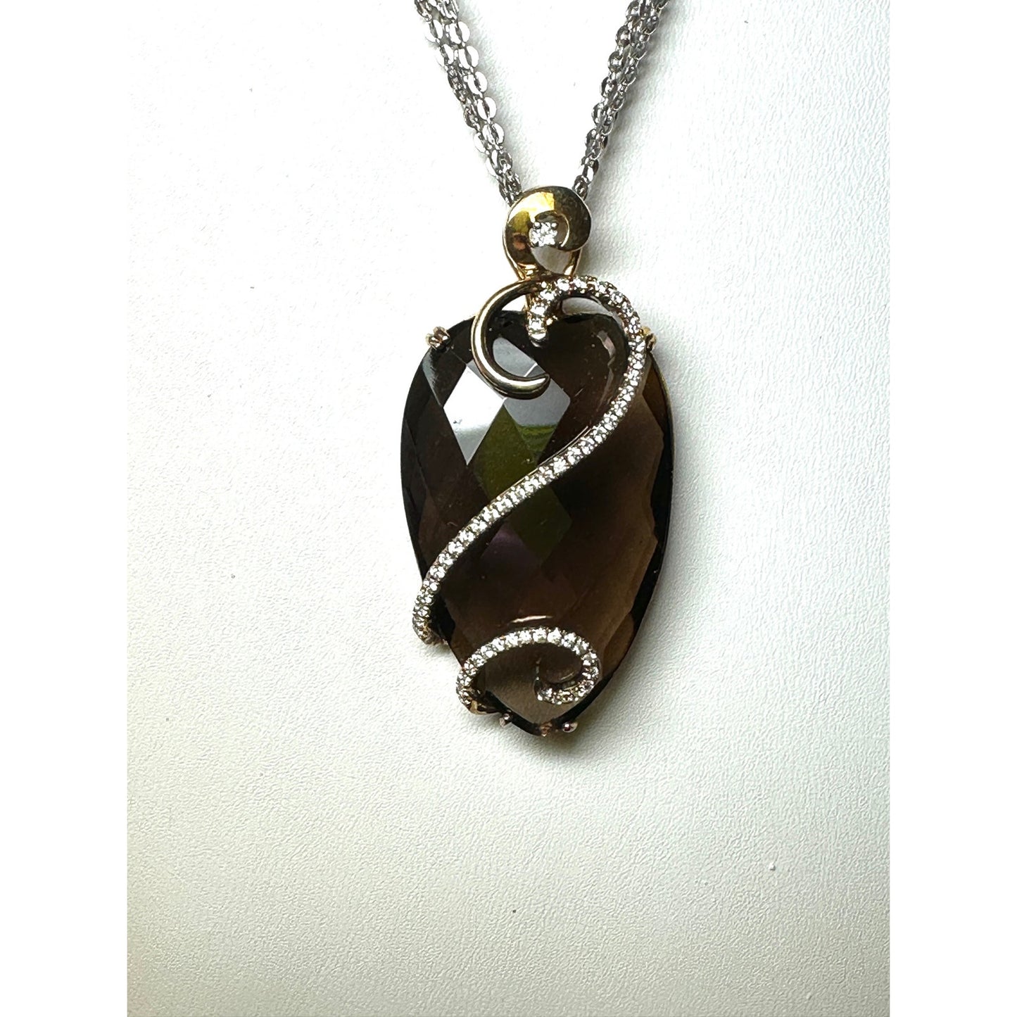Smokey Quartz Pear Shape CZ Silver Vermeil Pendant Necklace Double Silver Chain NWT