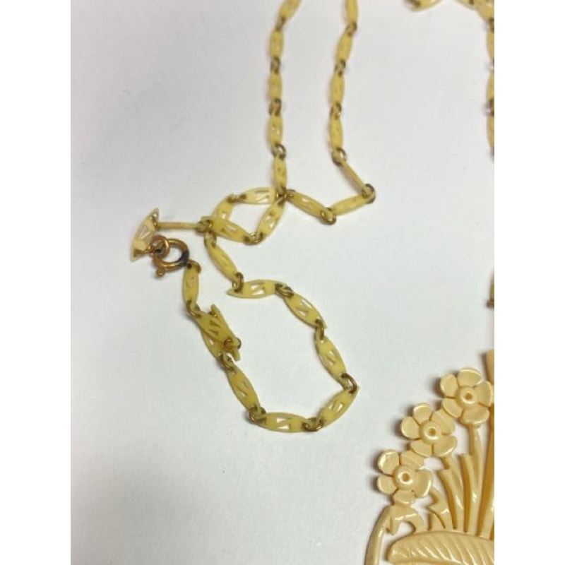 Antique Carved Bovine Flower Basket Pendant w/ Delicate Carved Chain