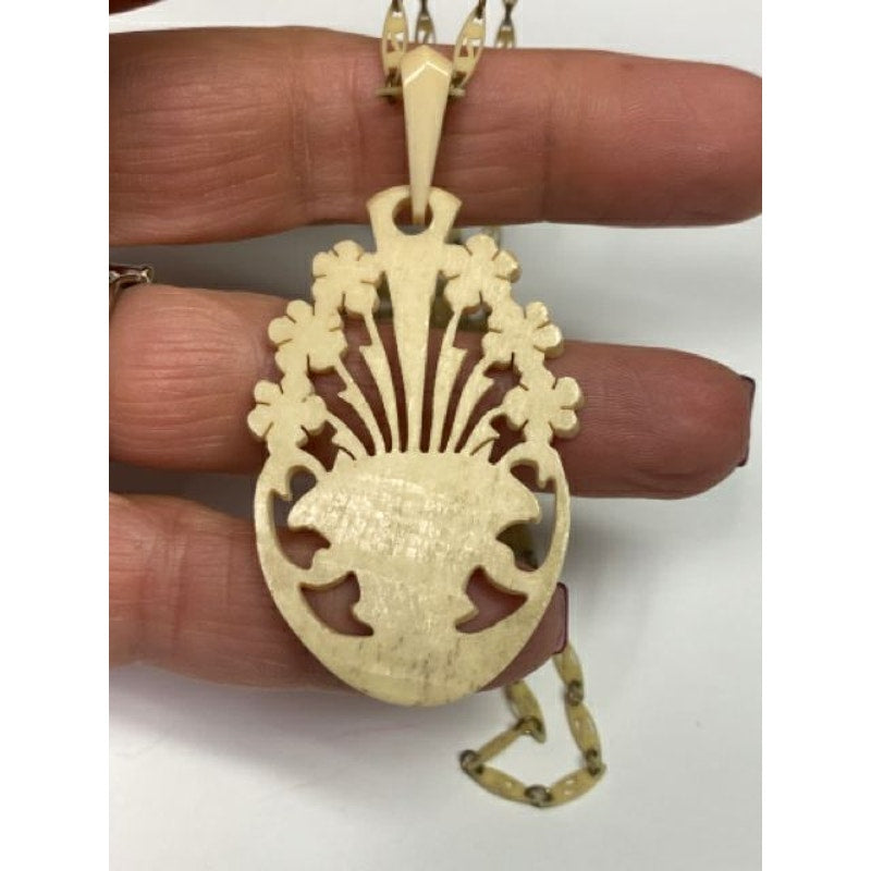 Antique Carved Bovine Flower Basket Pendant w/ Delicate Carved Chain