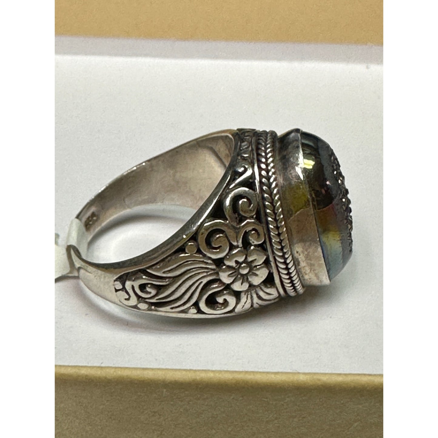 Chunky Sterling Silver Druzy Quartz Openwork Ring Size 8 3/4