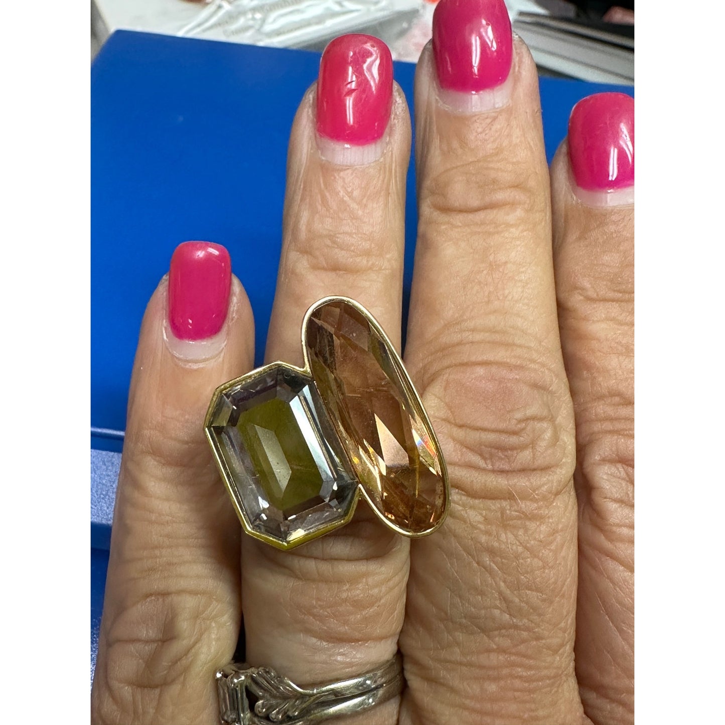 Large Swarovski Swan Faceted Topaz Crystals Cocktail Ring Size 7