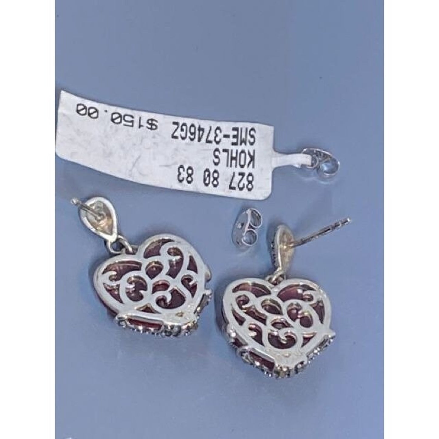 Ross Simons Sterling Marcacite Translucent Red Heart Dangle Earrings