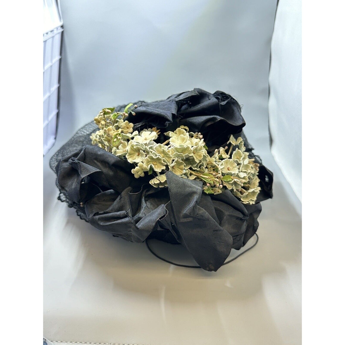 Vintage Victorian Wire Framed Black Net Ribbon & Velvet Flowers Hat