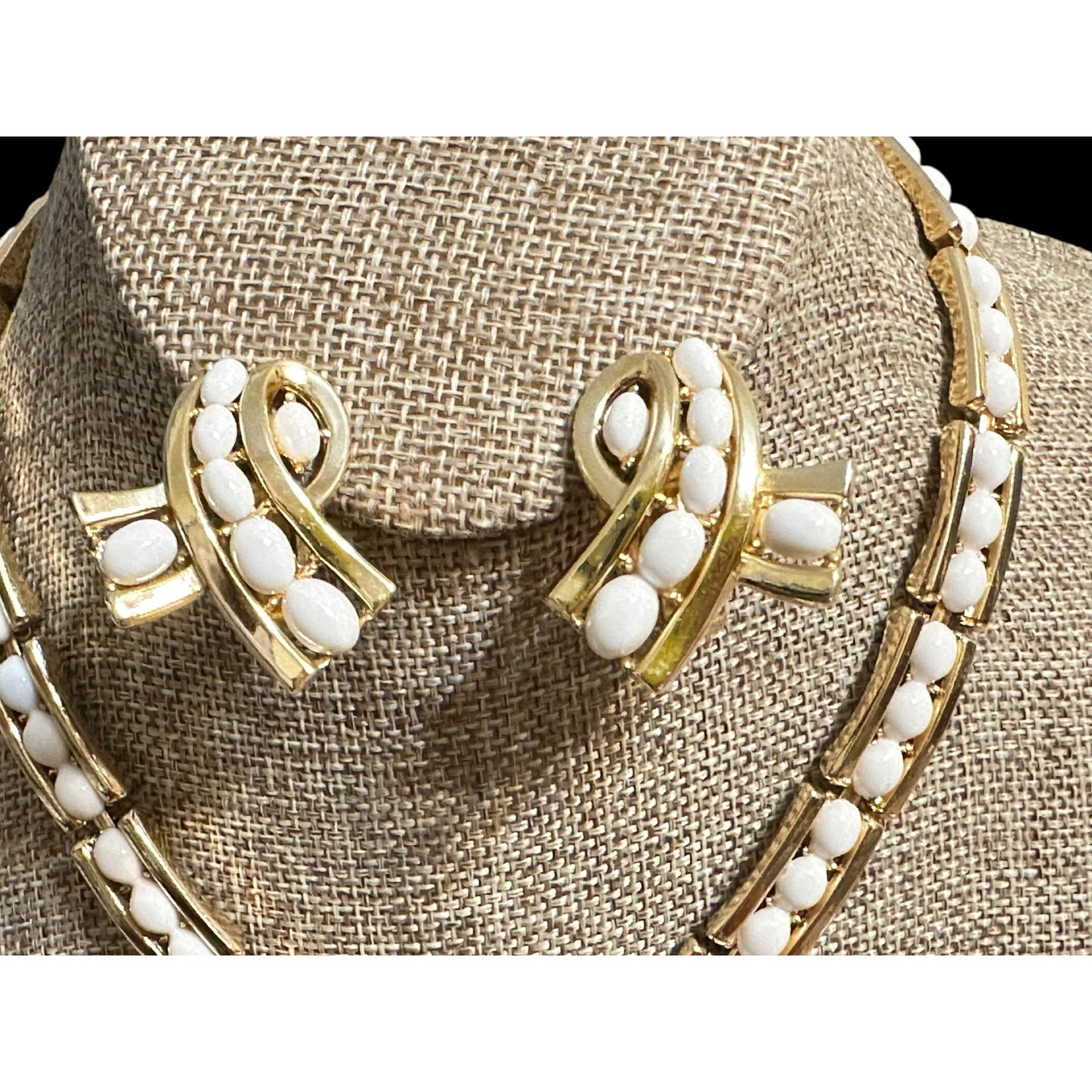 Vintage Crown Trifari Gold White Marquise cabochon Necklace Bracelet Earrings SET