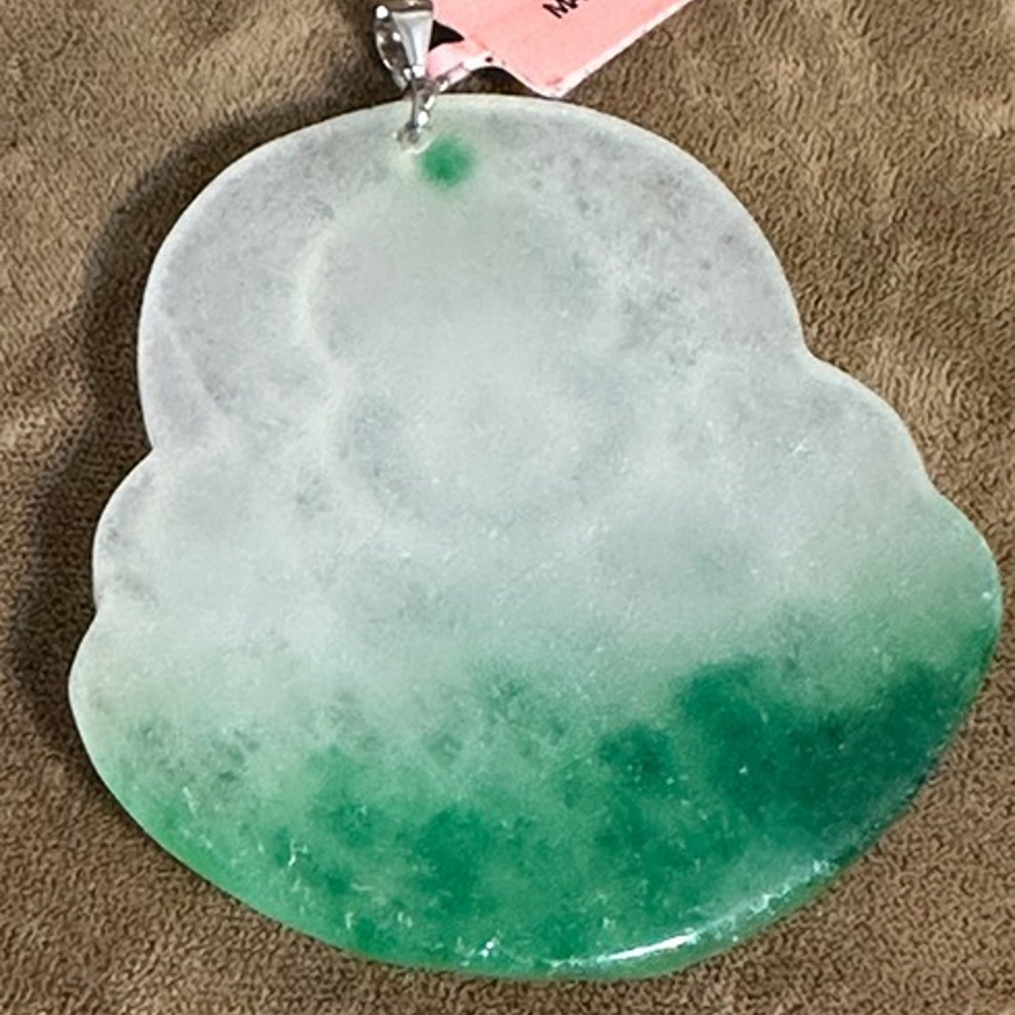 Chinese Export Carved Jade Happy Buddha Pendant - Translucent Moss on Snow