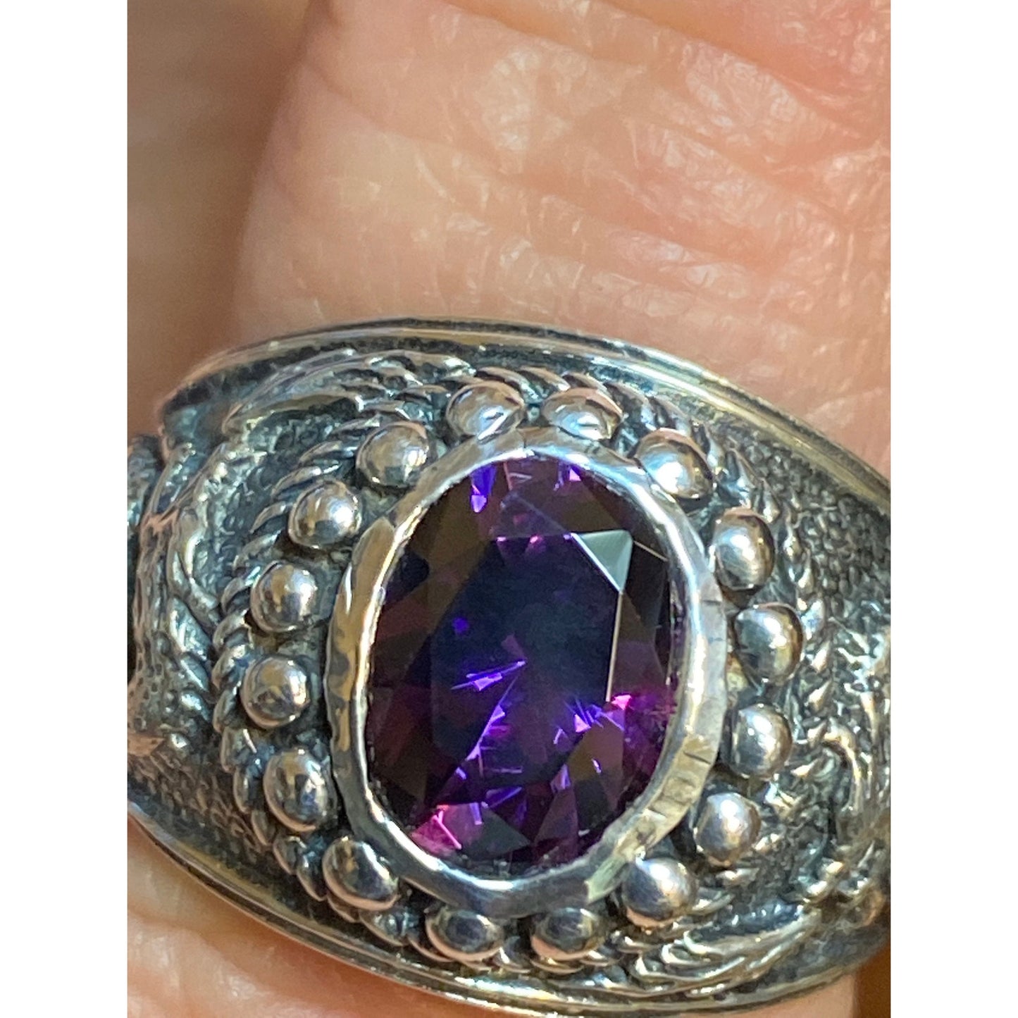 Vintage Sterling Silver Chinese Dragon Amethyst Ring Sz 8 3/4 Size