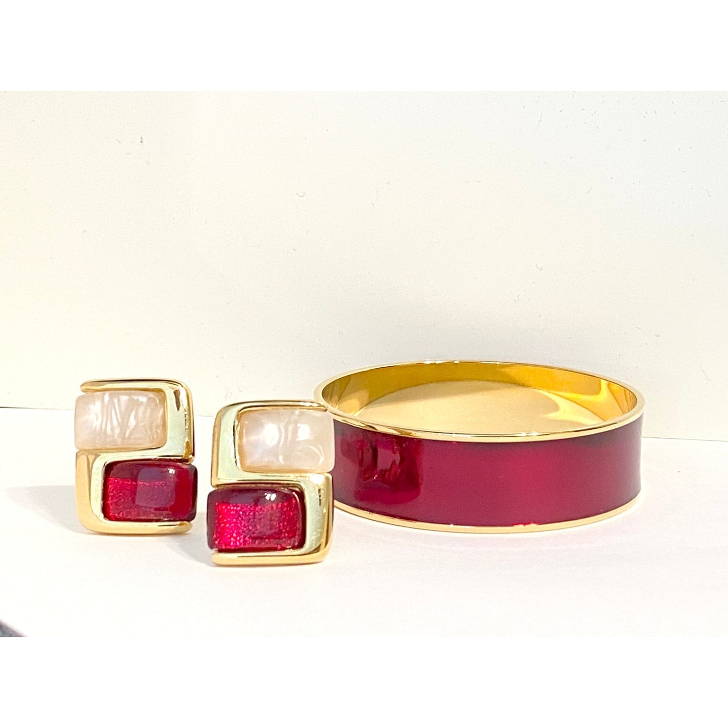 Vintage MONET Goldtone Cherry Red Metallic Bangle & Clip Earrings