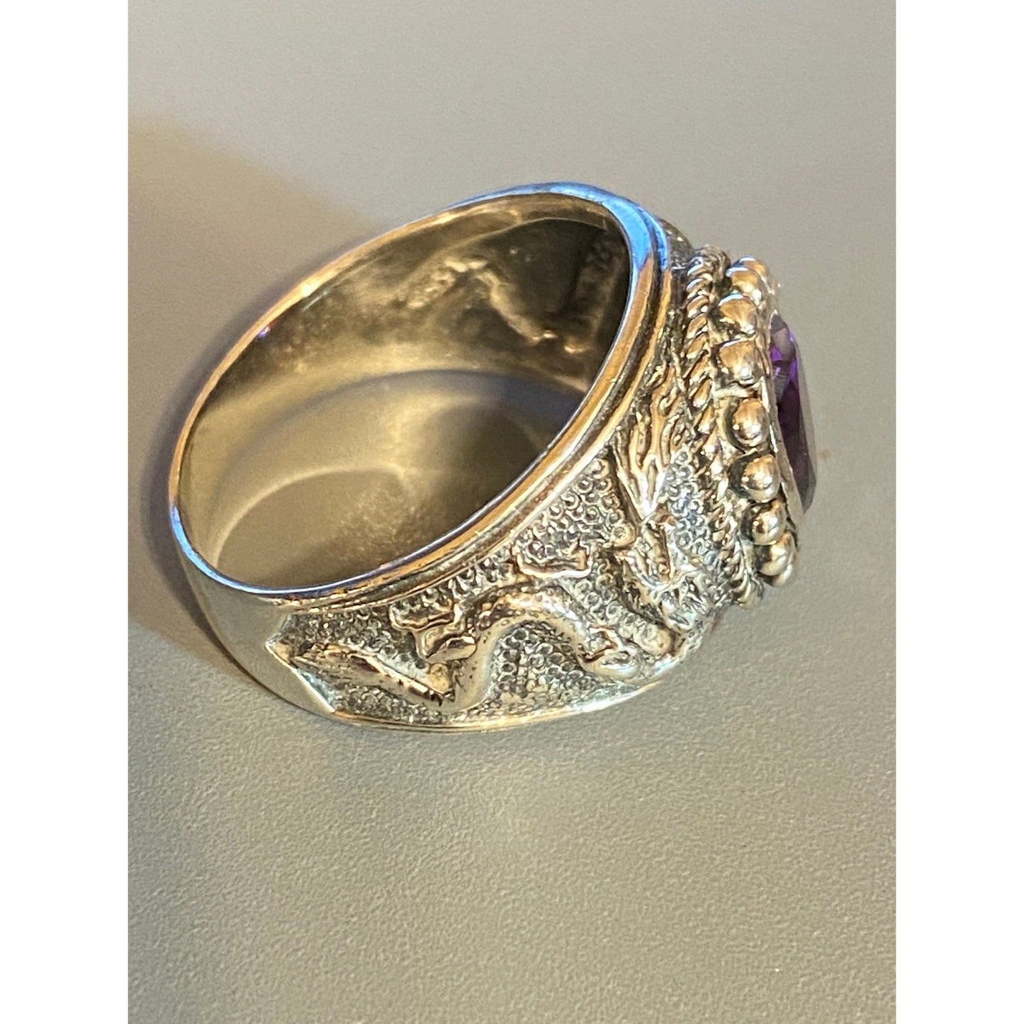 Vintage Sterling Silver Chinese Dragon Amethyst Ring Sz 8 3/4 Size
