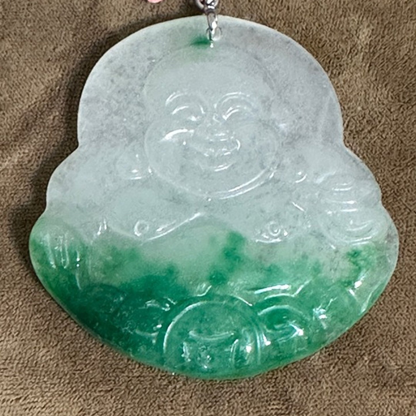 Chinese Export Carved Jade Happy Buddha Pendant - Translucent Moss on Snow