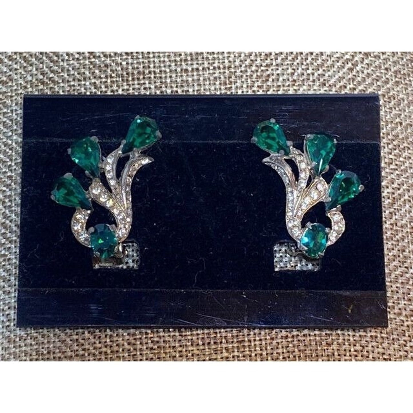 Vintage Weisner Silvertone Green Clear Rhinestone Clip Back Earrings