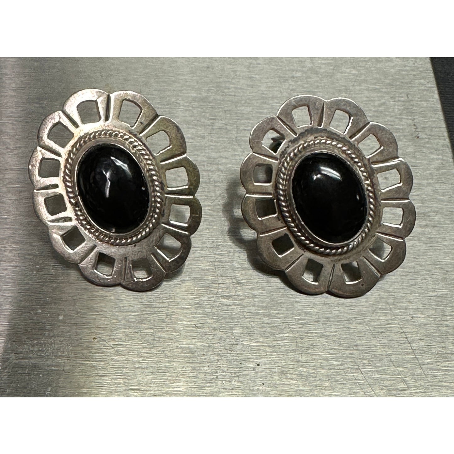 Vintage Mexico Sterling Silver Onyx Oval Clip Earrings