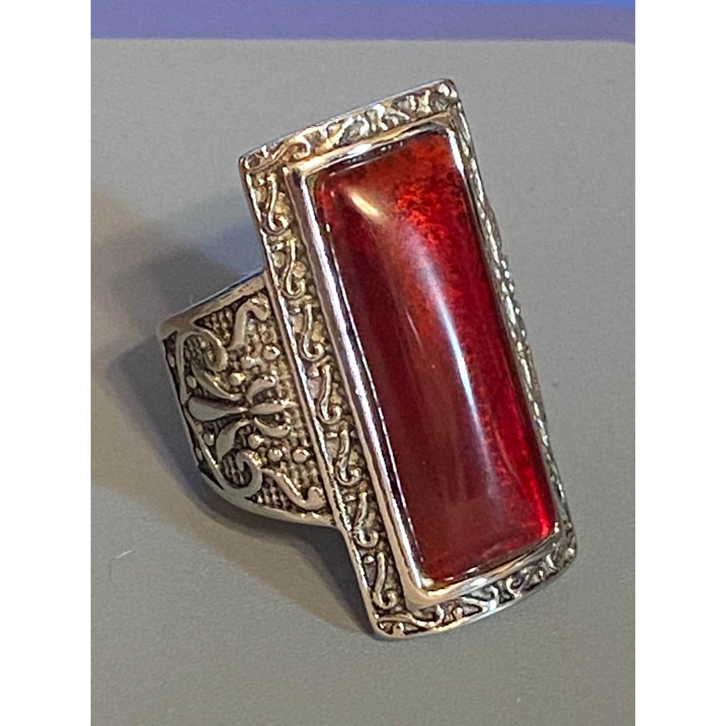 Stainless Steel 316L Elongated Red Stone Ring Size 8.5 Unisex