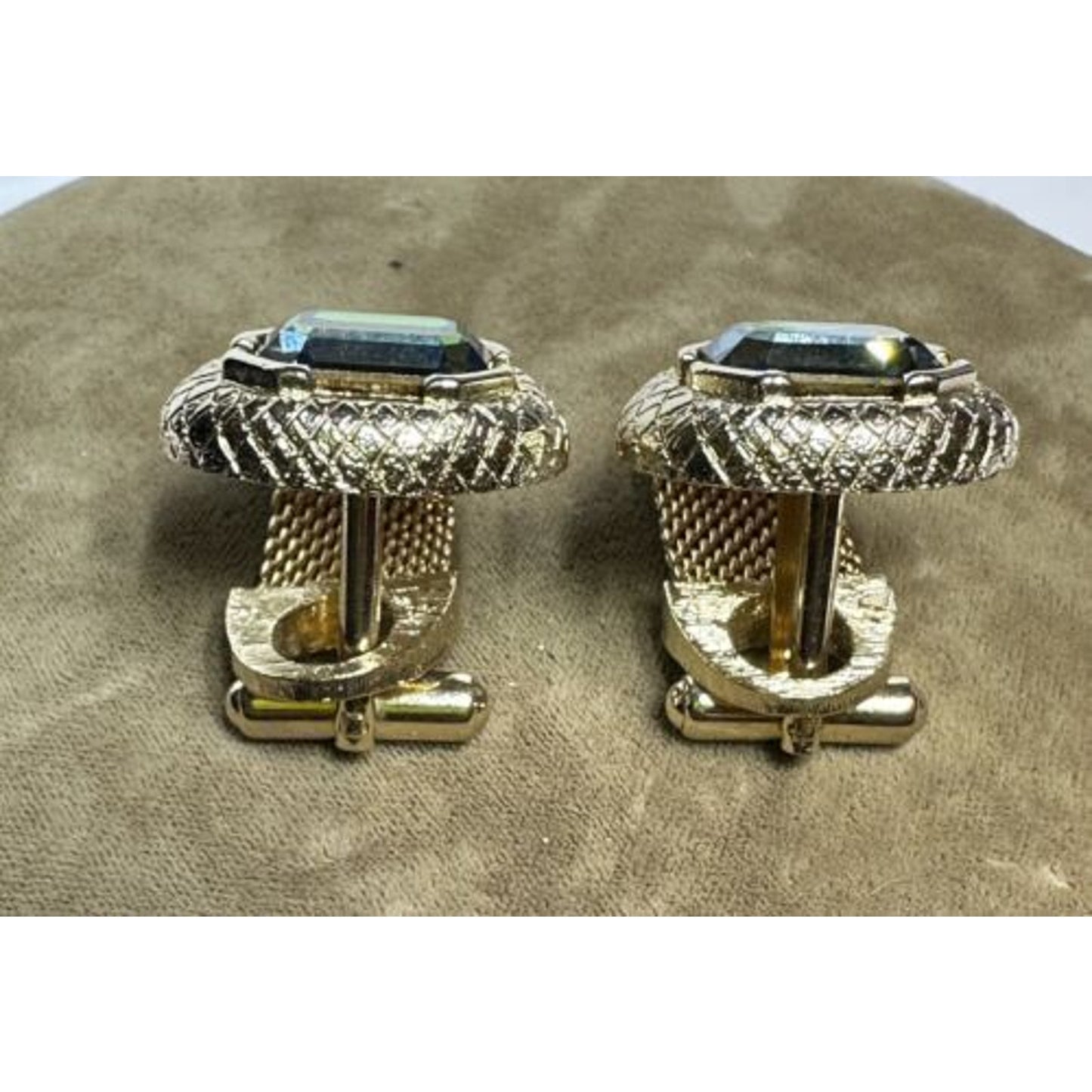 Vintage Goldtone Mesh Blue/Green Emerald Cut Rhinestone Mesh Wrap Cufflinks