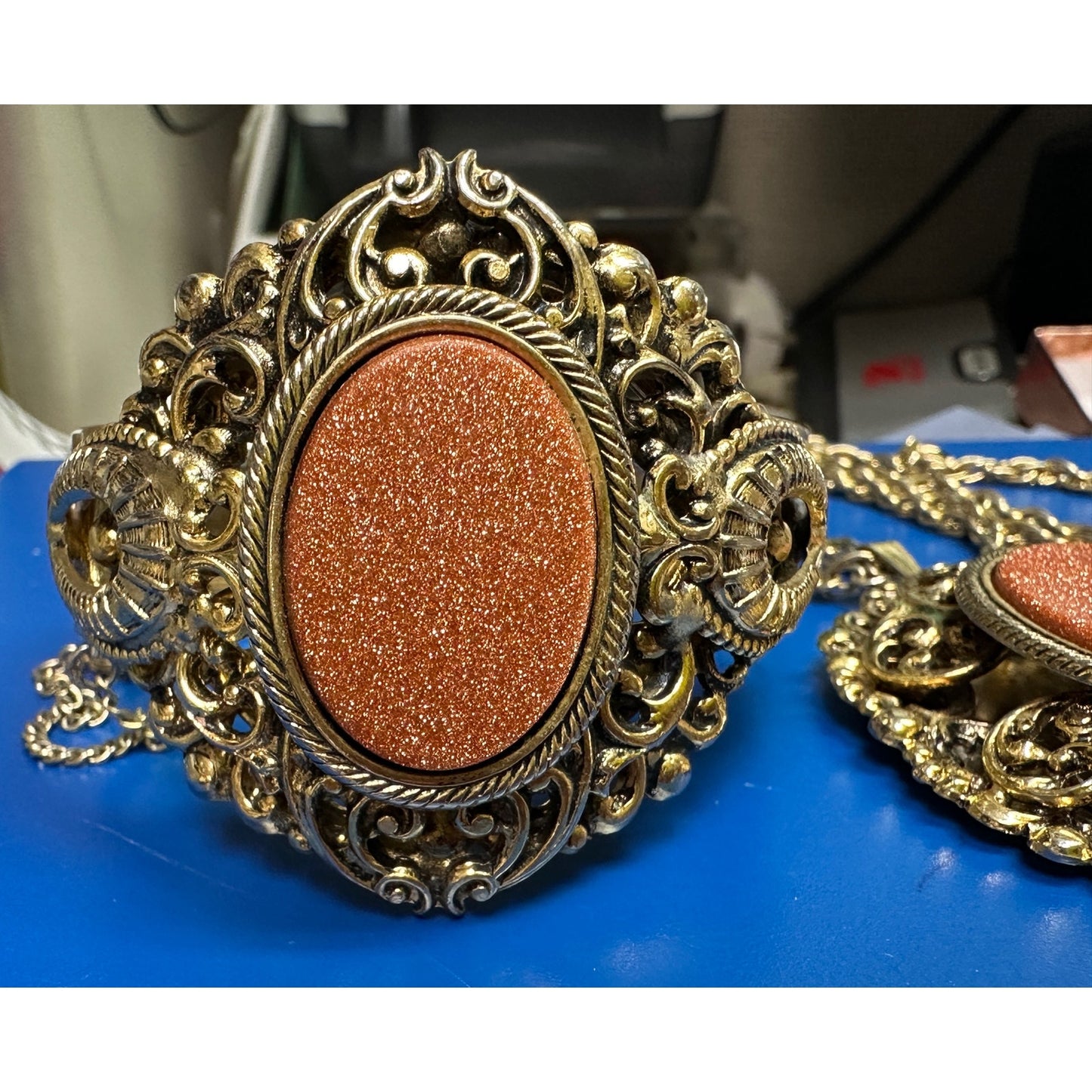 Vintage Victorian Style Goldtone Goldstone Necklace & Hinged Bangle