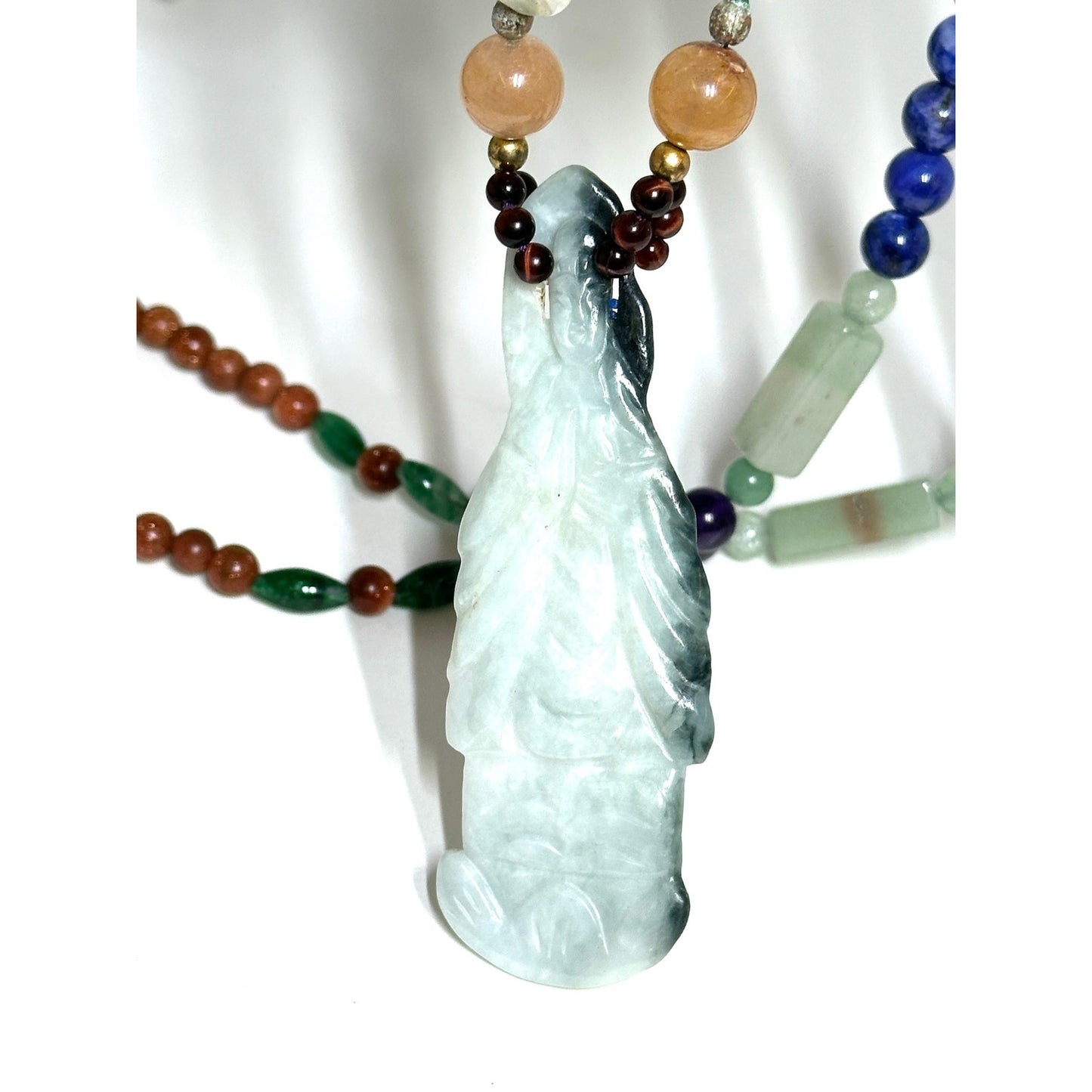 Long Multi Gemstone Beaded Lapis Tiger Eye Quartz Jade Necklace w/ Large Jade Figural Pendant