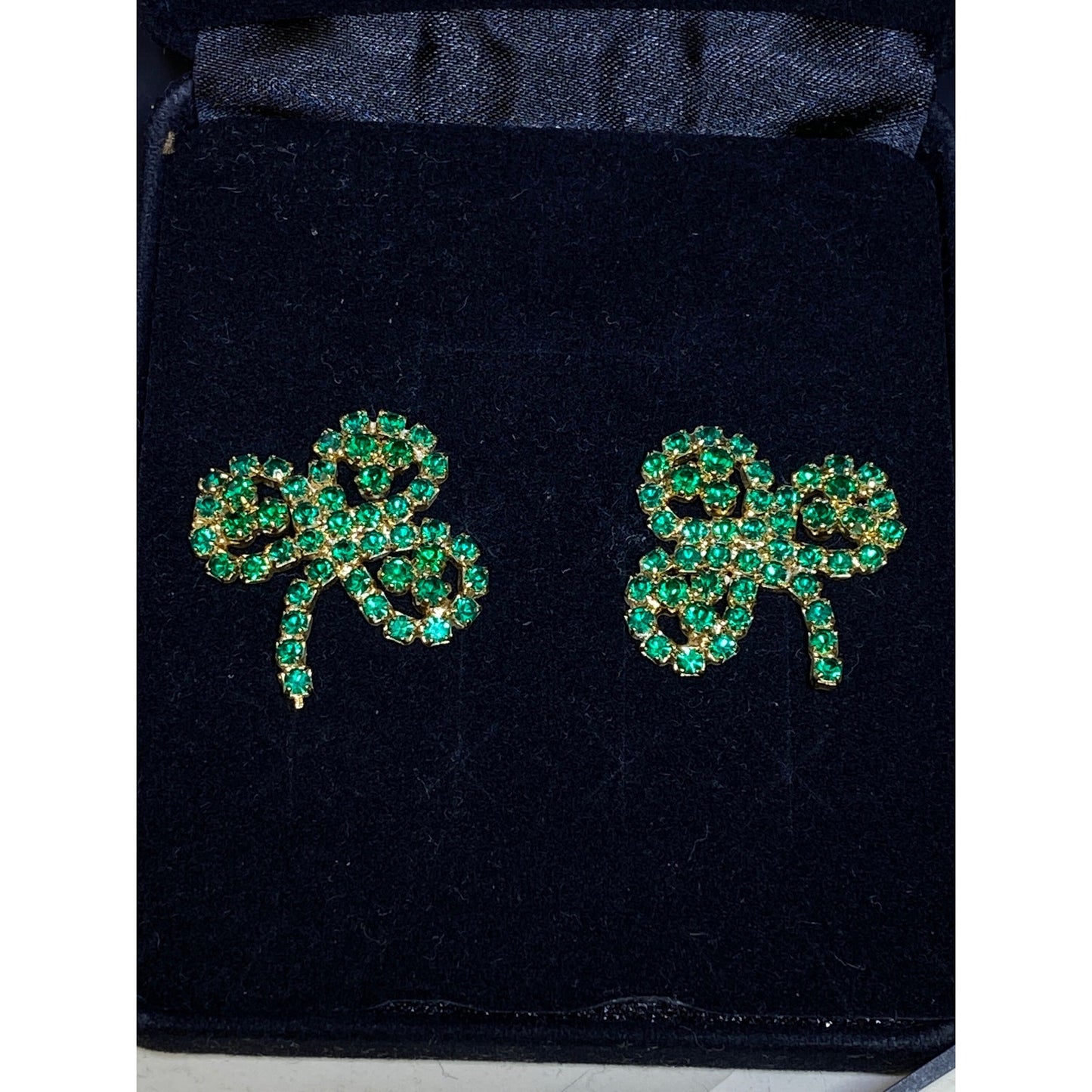 Vintage Large Goldtone Green Rhinestone SHAMROCK Pierced Earrings